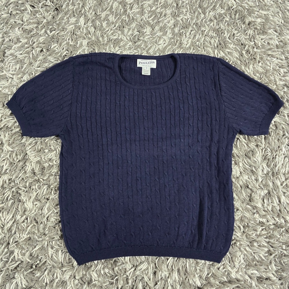 Pendleton Navy Blue Cable Knit Cotton Short Sleeve Scoop Neck Sweater Size M USA